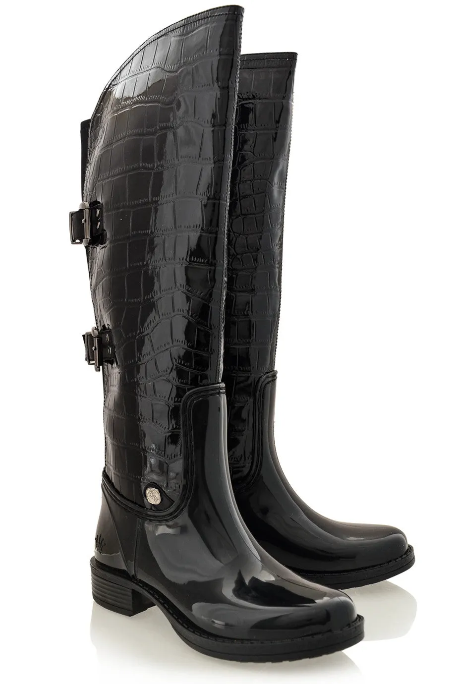 AIDA Black Croc Patent Knee-High Boots