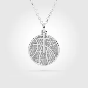 Basketball Necklace w/ Dangle Cross Pendant | Sterling Silver