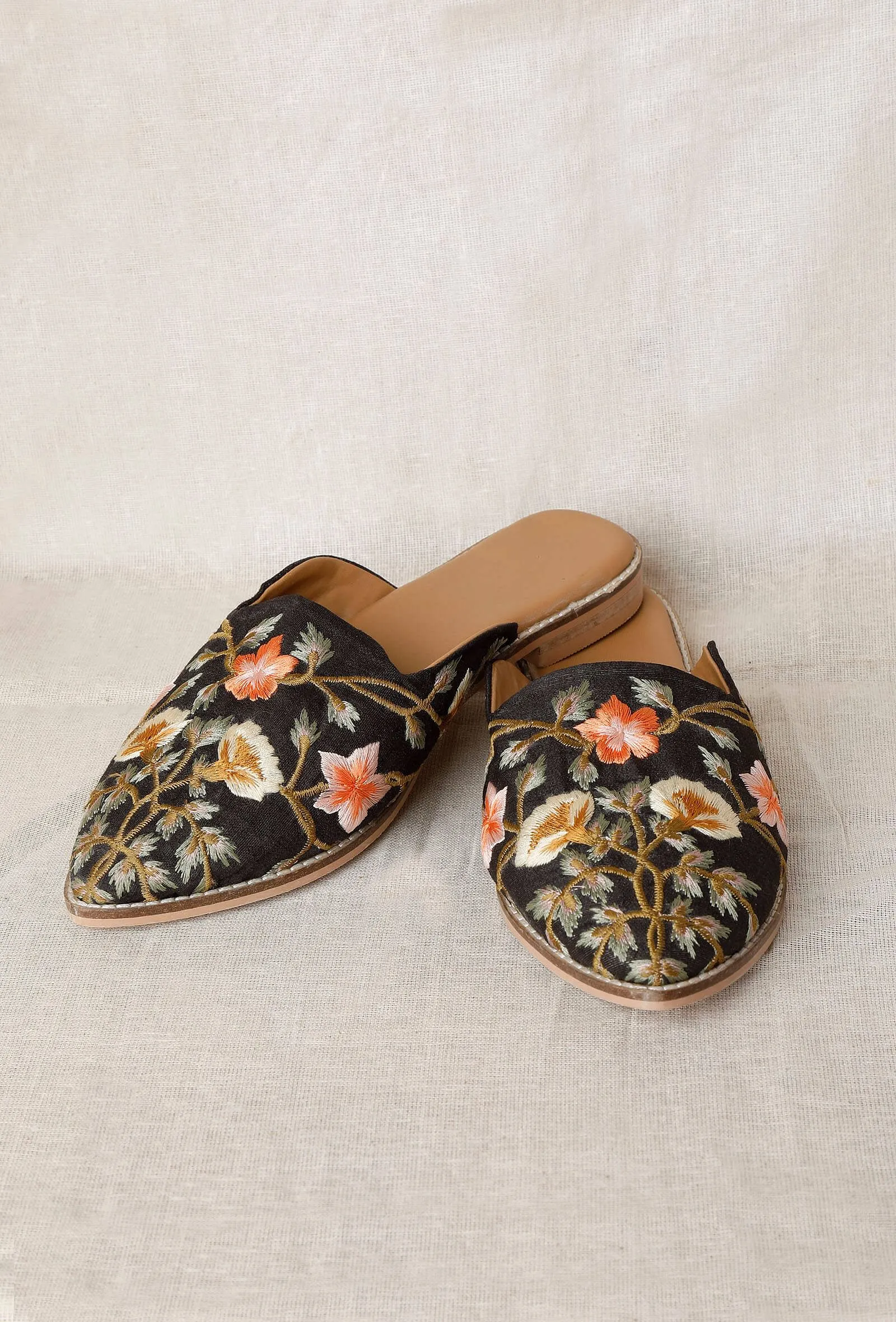 Black Embroidered Dupion Silk Mules