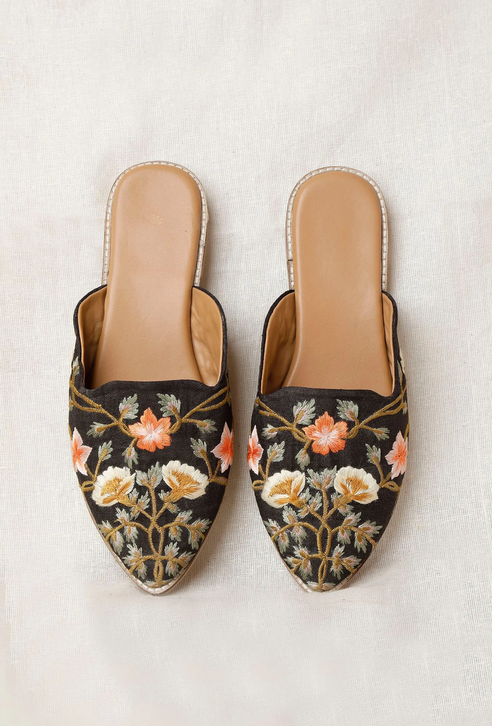 Black Embroidered Dupion Silk Mules