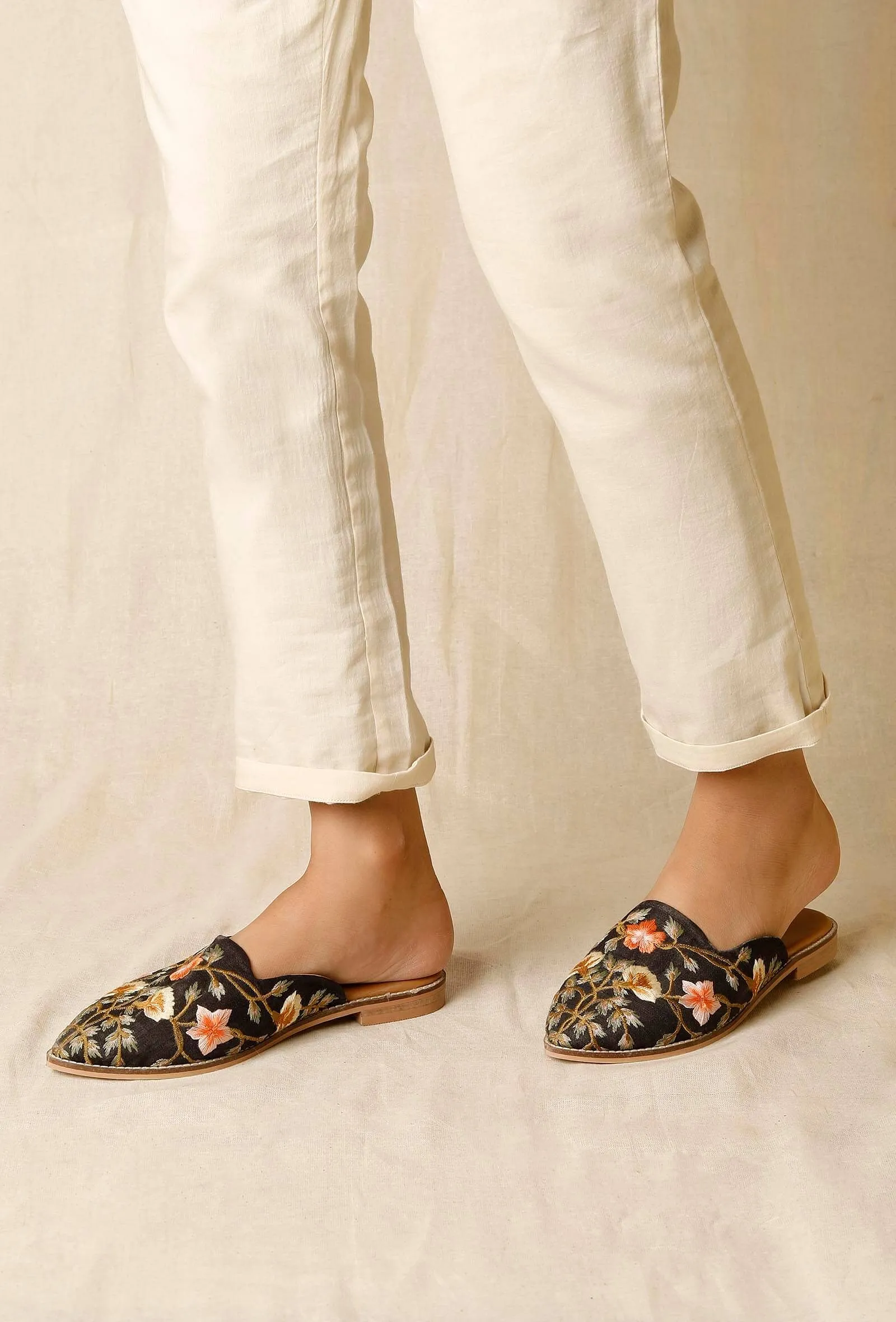 Black Embroidered Dupion Silk Mules