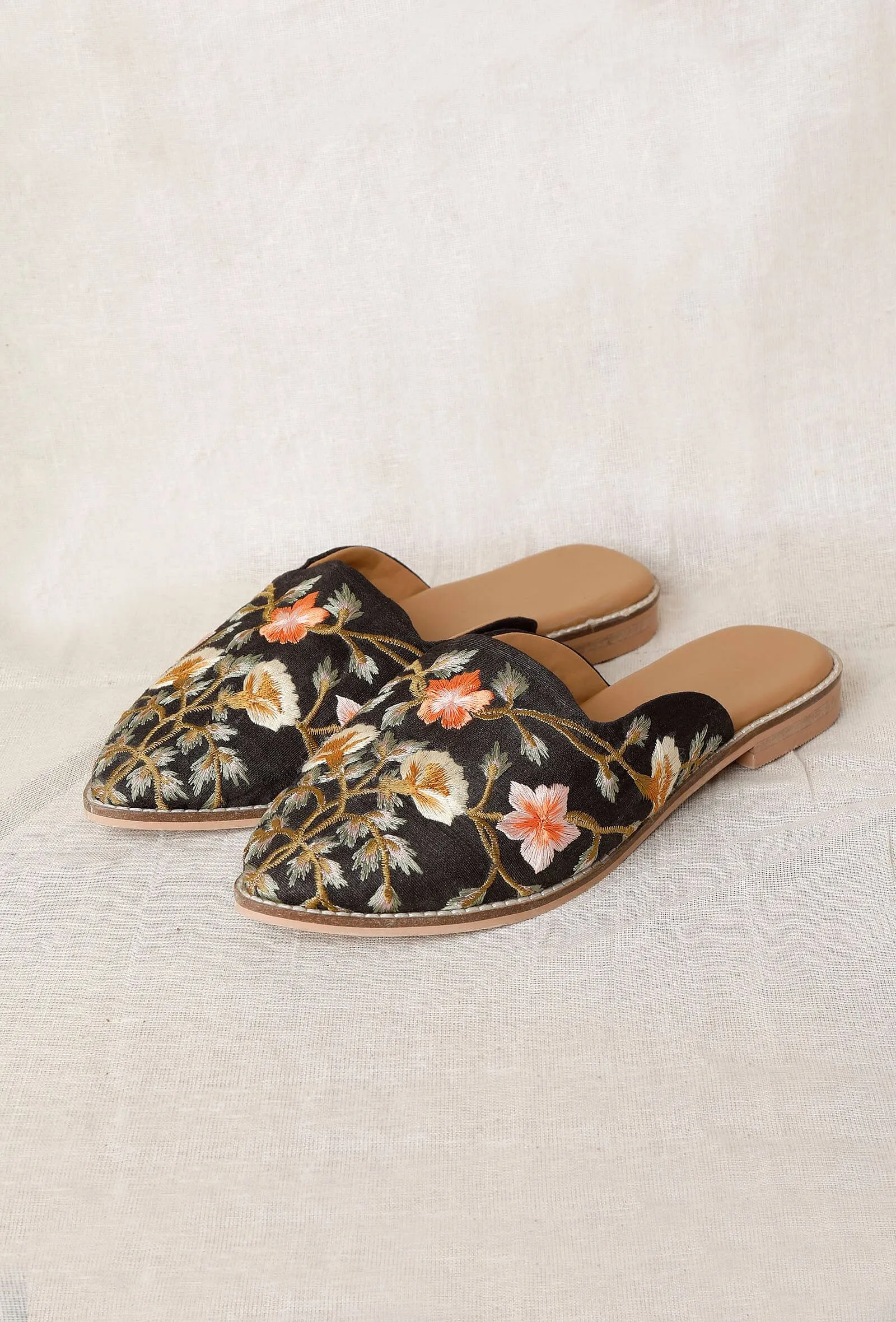 Black Embroidered Dupion Silk Mules