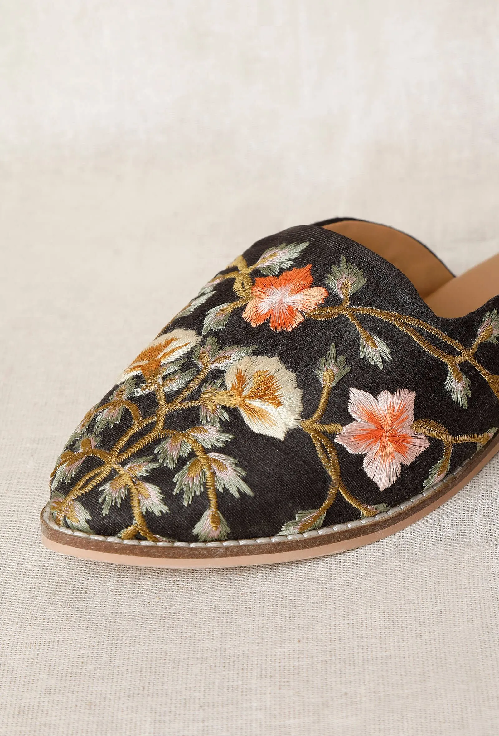 Black Embroidered Dupion Silk Mules