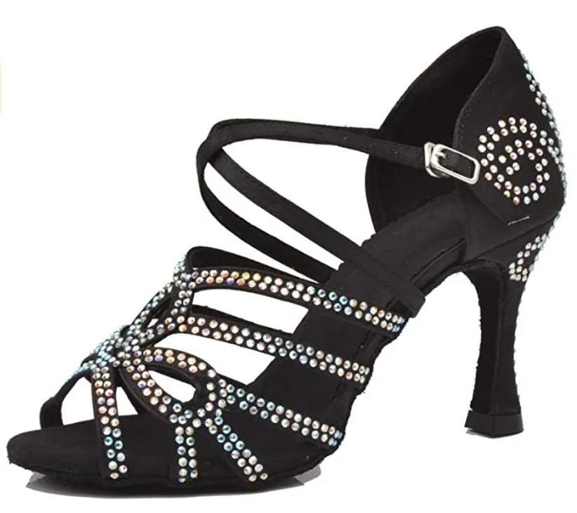 Black Satin Rhinestone Ballroom Dance Shoes Latin Salsa Performance Dance Shoes