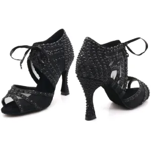 Black Shoes For Salsa Dance Rhinestone Pearls Dancing Shoes