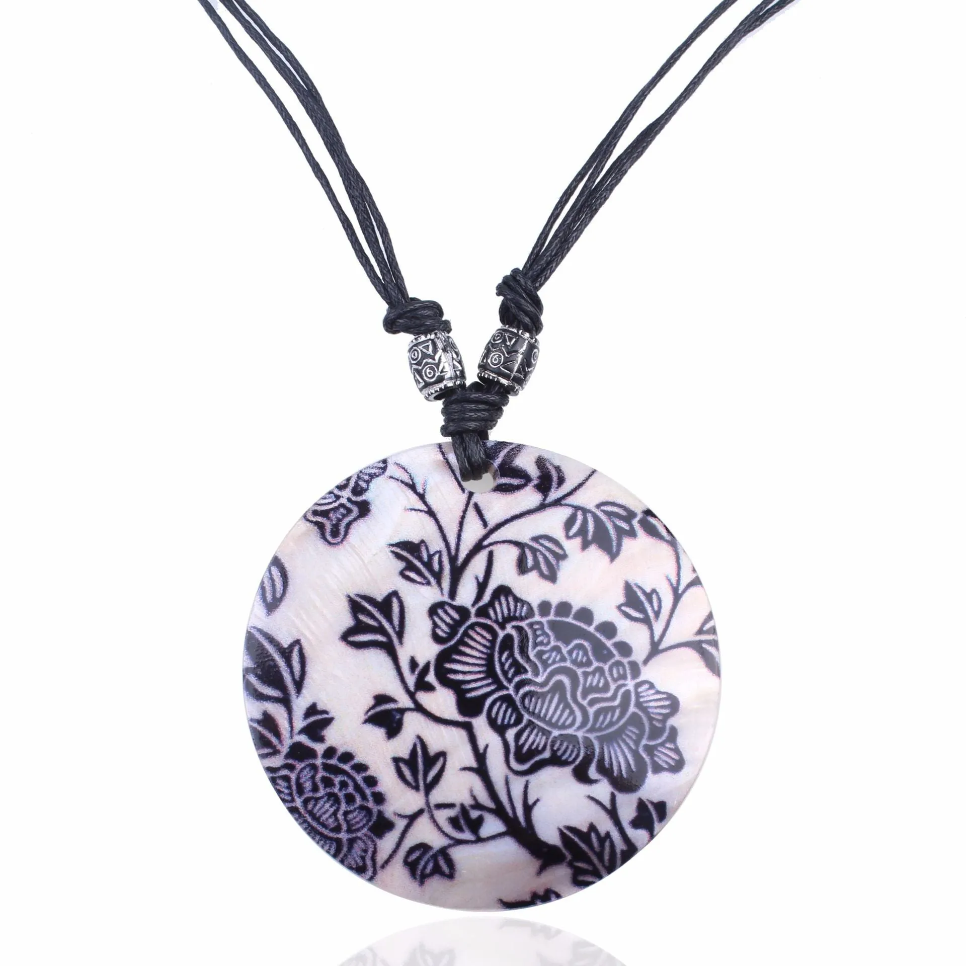 Bohemian ethnic style blue and white porcelain shell painted pendant necklace set