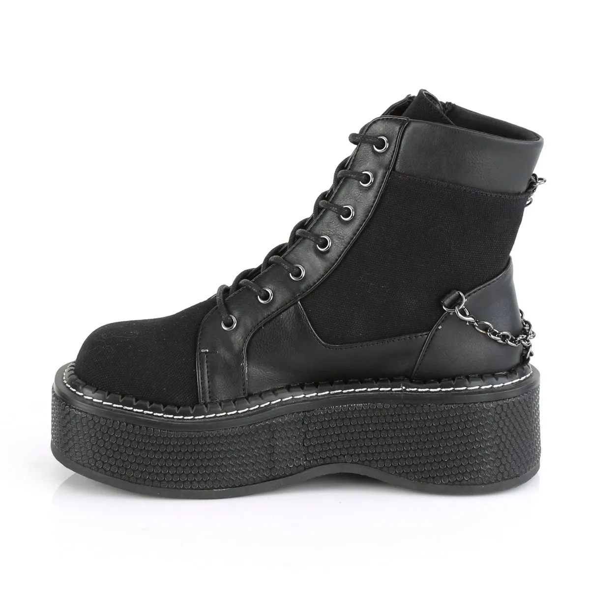 Demonia EMILY-114 | Black Canvas & Vegan Leather Ankle Boots