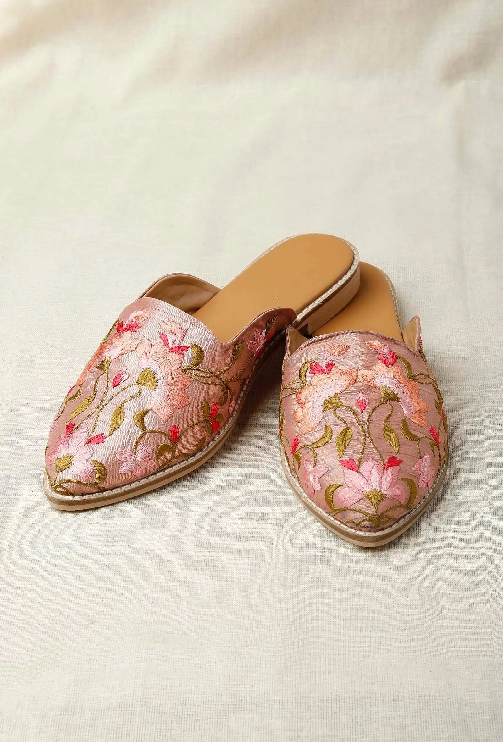 Dusky Pink Embroidered Dupion Silk Mules