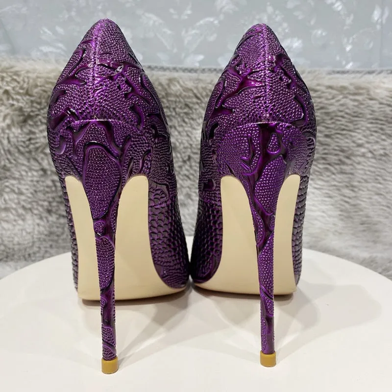 Embossed Crocodile Effect Pointy Toe Stiletto Pumps