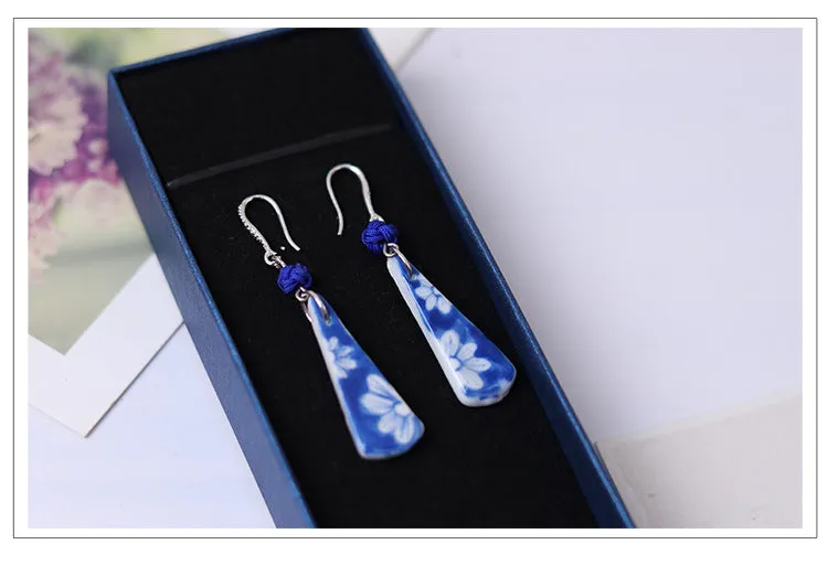 Fashionable retro polygonal blue and white earrings, exquisite handmade paintings, exquisite ceramic jewelry