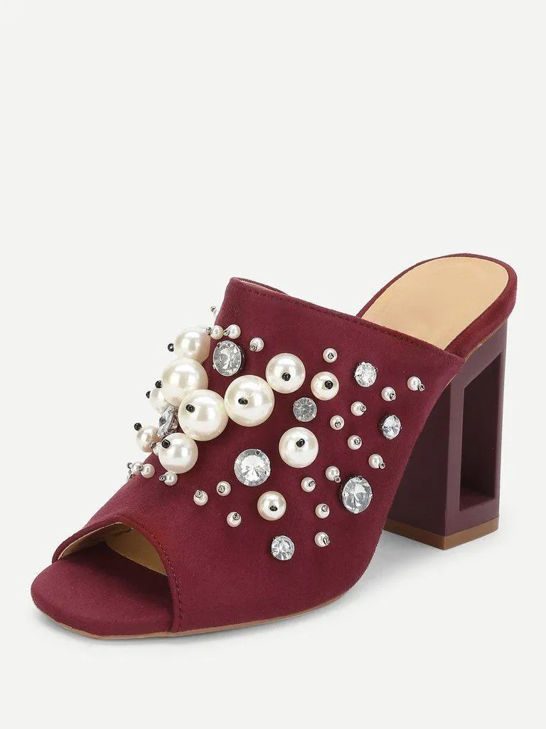 Faux Pearl Decorated Chunky Heeled Mules