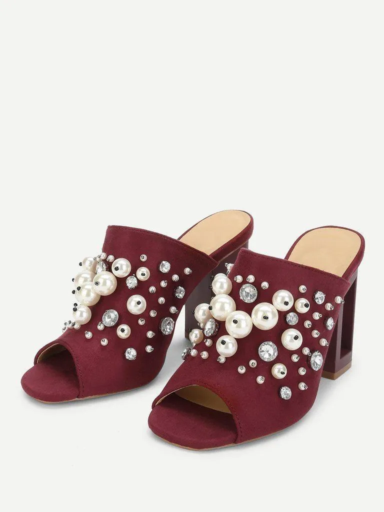 Faux Pearl Decorated Chunky Heeled Mules