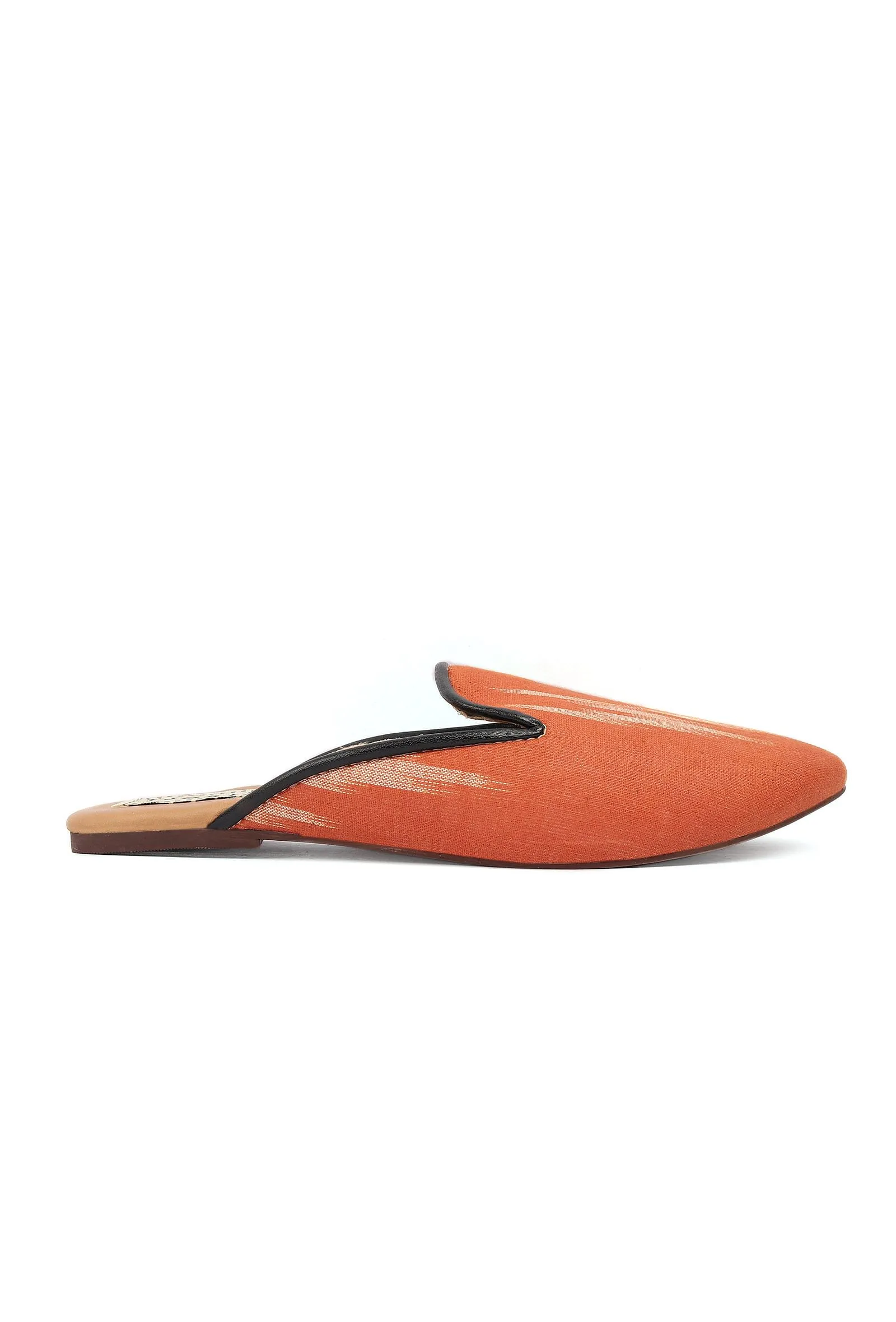 Fire Orange & Tawny Brown Ikat flat Cruelty Free Leather Mules