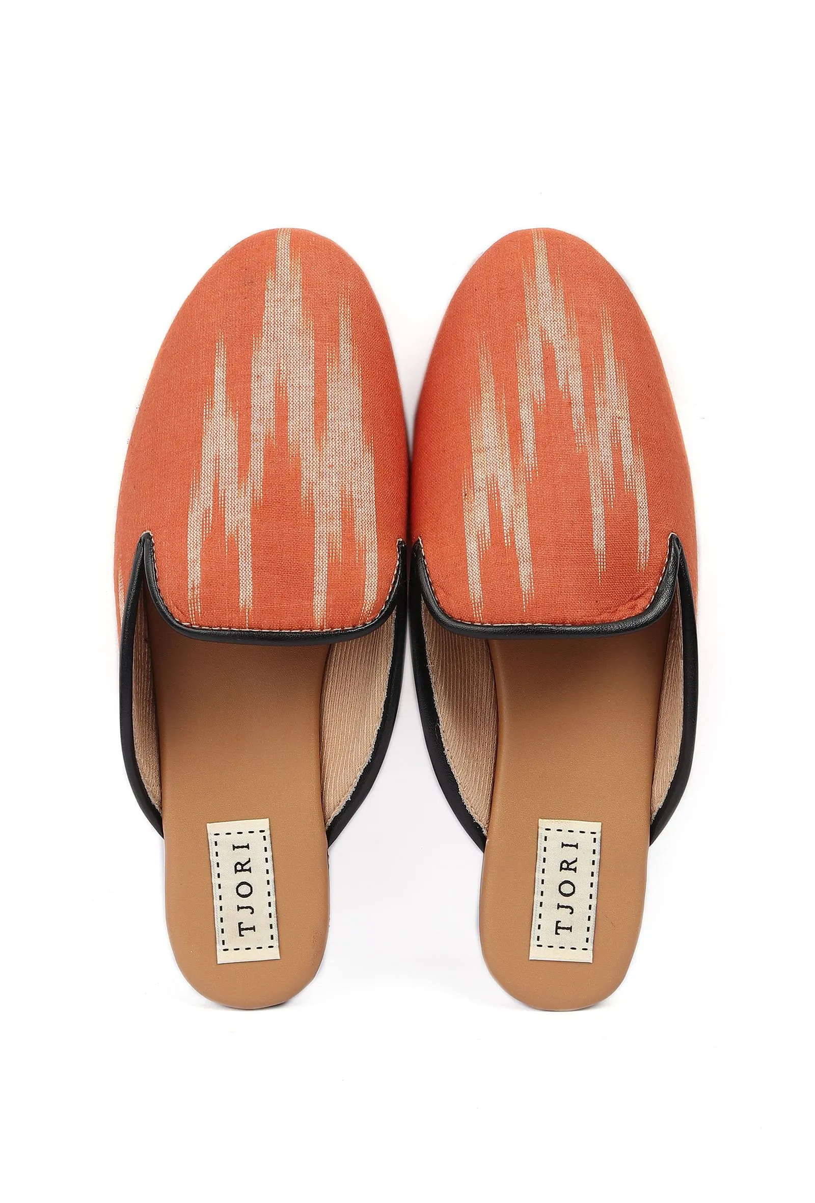 Fire Orange & Tawny Brown Ikat flat Cruelty Free Leather Mules