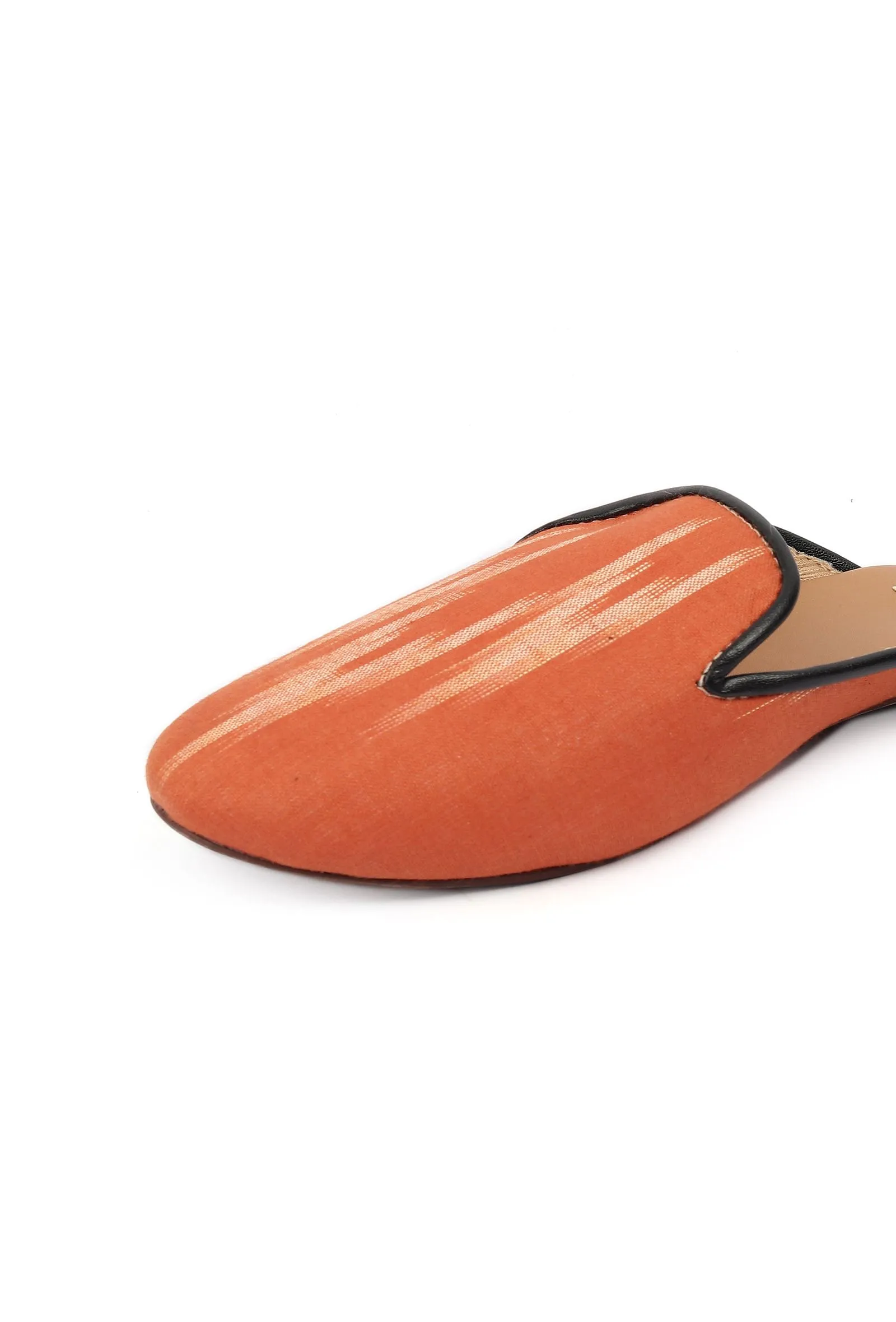 Fire Orange & Tawny Brown Ikat flat Cruelty Free Leather Mules