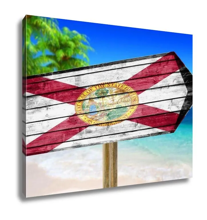 Gallery Wrapped Canvas, Florida Flag Wooden Sign On Beach