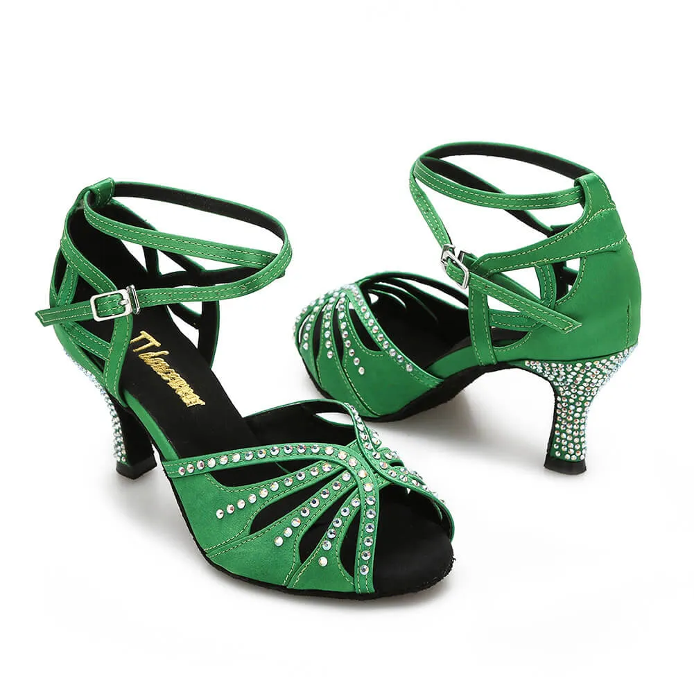 Green Satin Diamante Ballroom Dance Shoes Latin Salsa Dancing Shoes