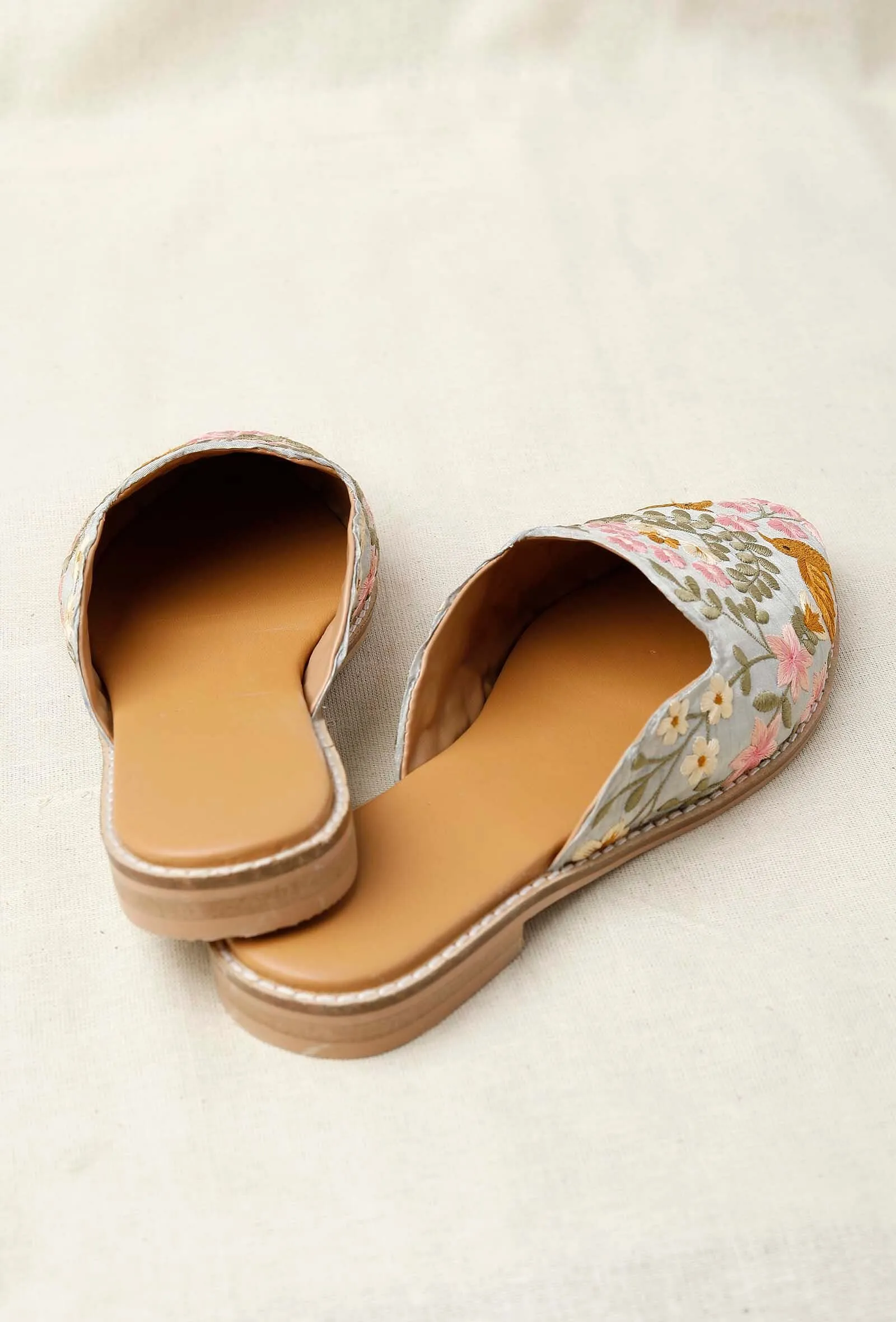 Grey Embroidered Dupion Silk Mules