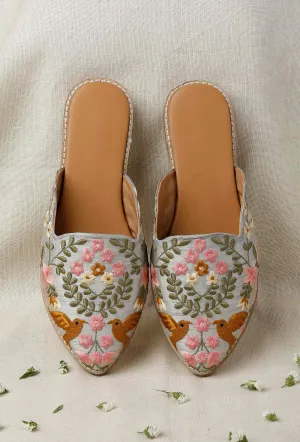 Grey Embroidered Dupion Silk Mules