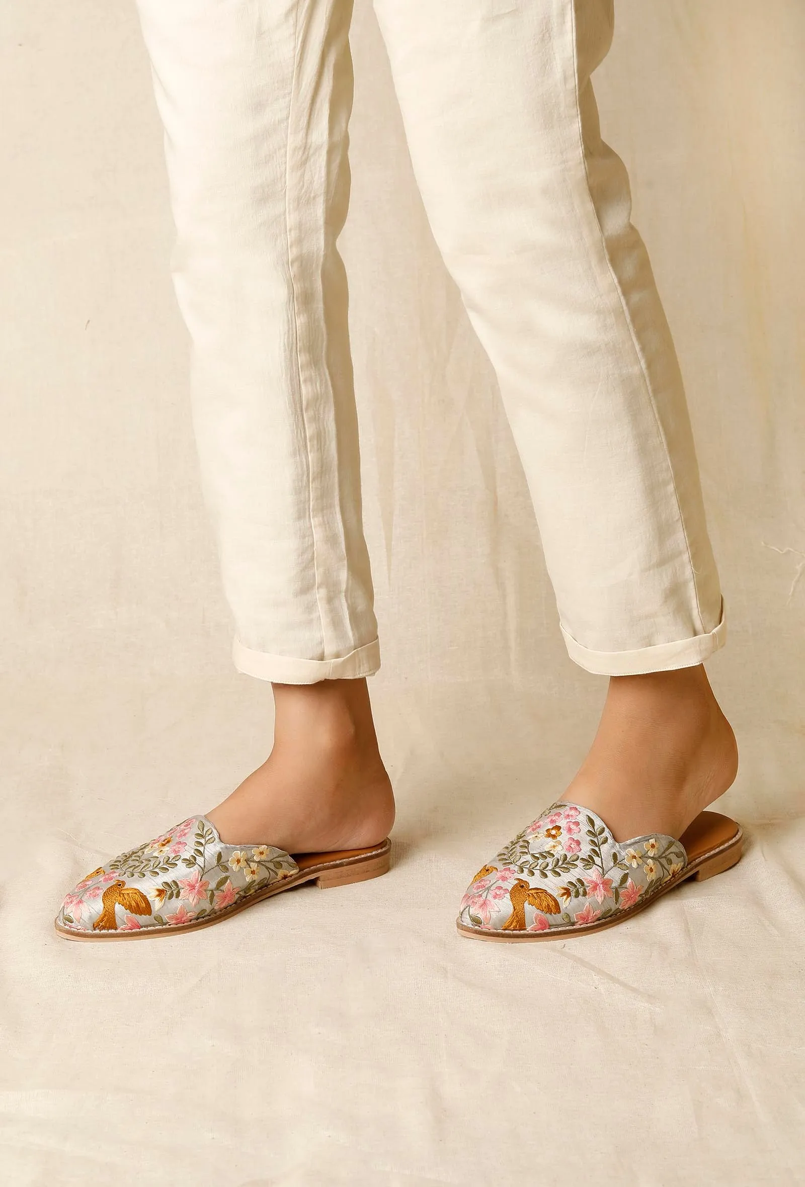 Grey Embroidered Dupion Silk Mules