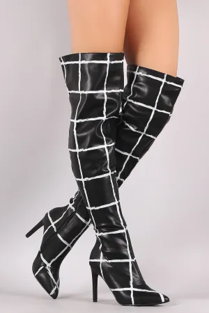 Grid Pattern Pointy Toe Stiletto Over-The-Knee Boots