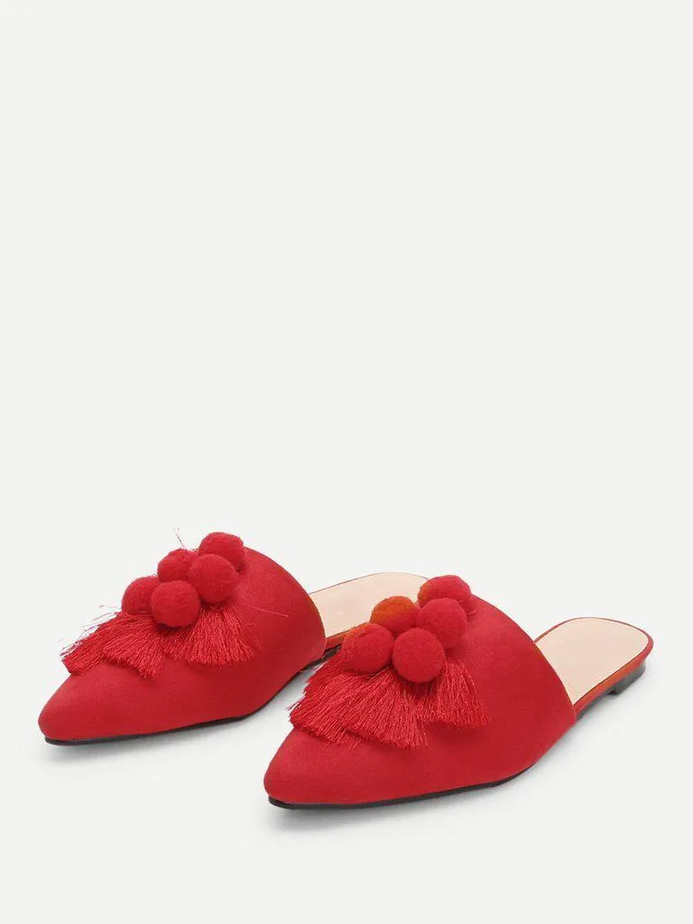 Pom Pom & Tassel Front Flat Mules