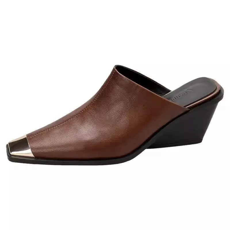 Pre Order:  Metal Toe Wedge Heel Mules