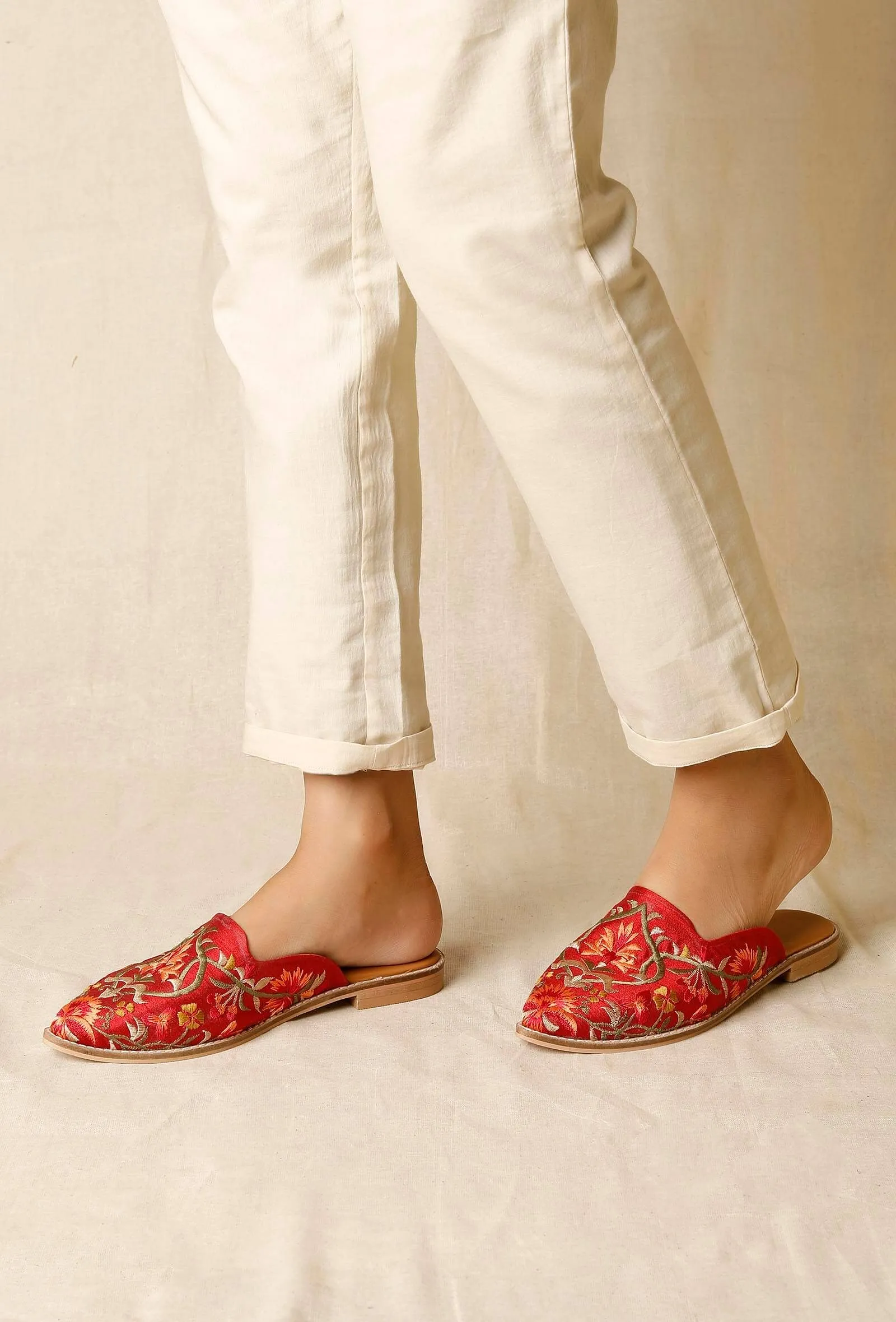 Red Embroidered Dupion Silk Mules