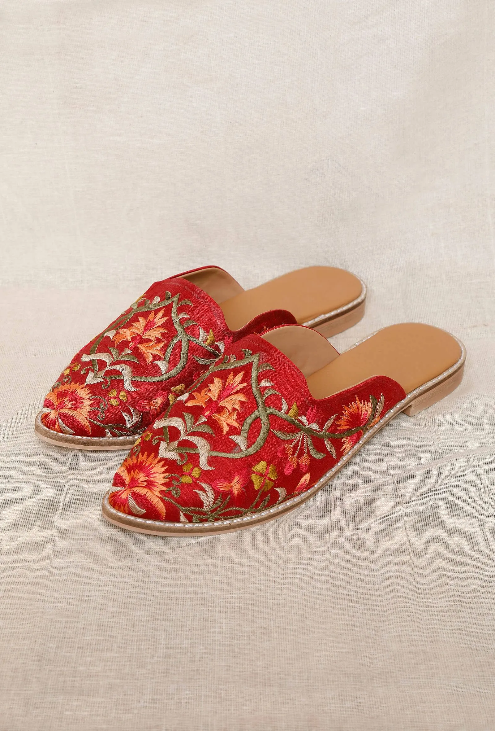 Red Embroidered Dupion Silk Mules