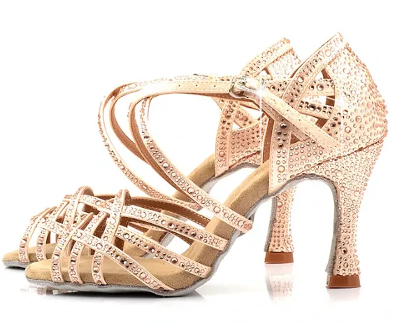 Rhinestone Dance Shoes Nude for Salsa Latin Ballroom Dance Performance