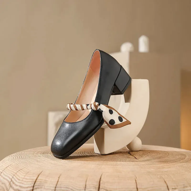 Ribbon Strap Square Low Heel Pumps