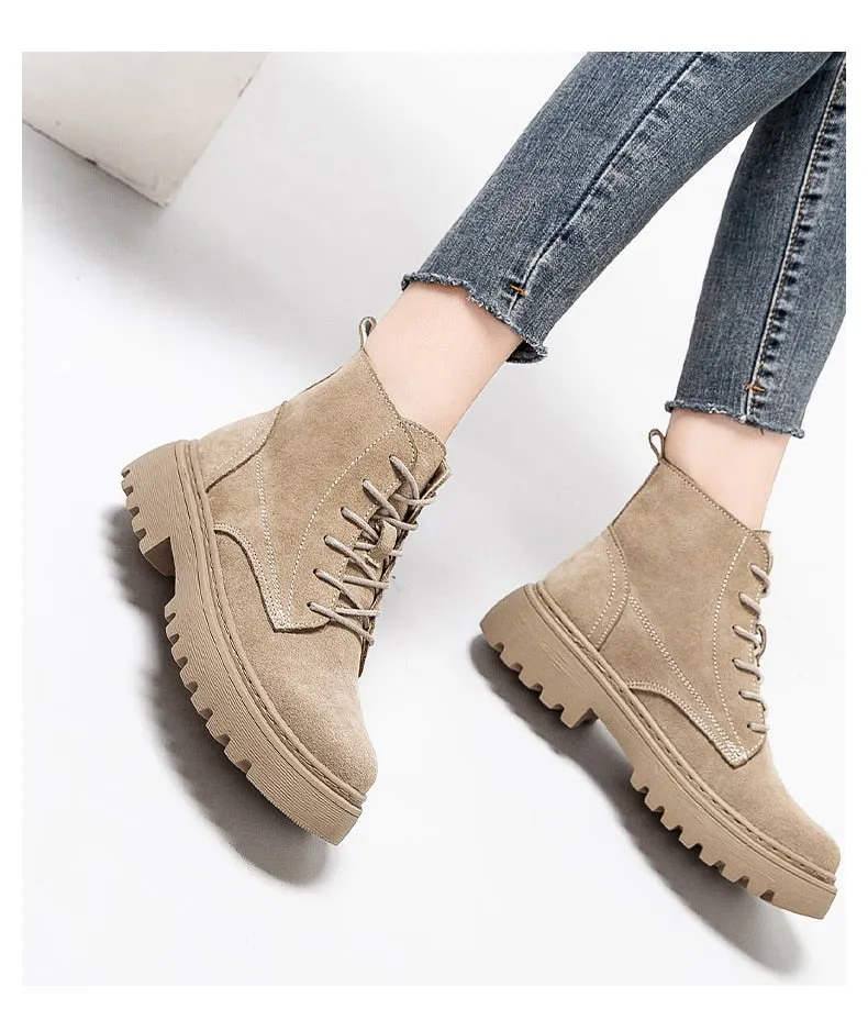 Suede Leather Women Flat Platform Short Ankle Boots