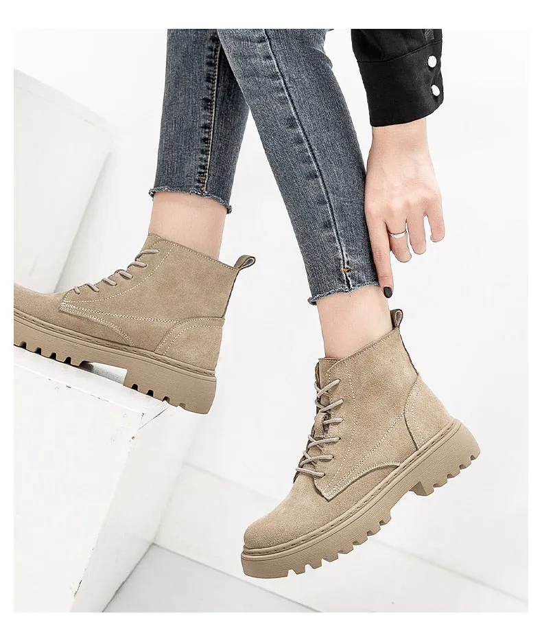 Suede Leather Women Flat Platform Short Ankle Boots